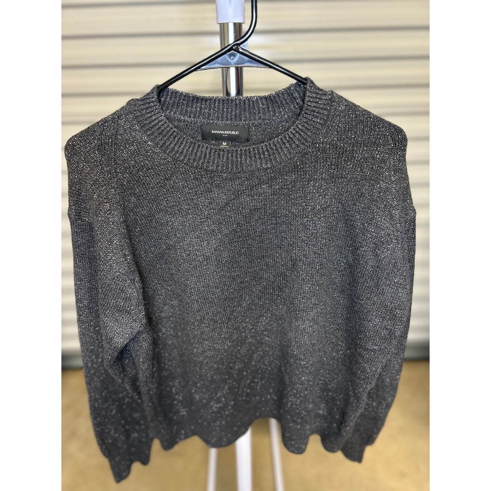 Banana Republic Sweater Womens M Gray Lurex Metallic Knit Crewneck Pullover